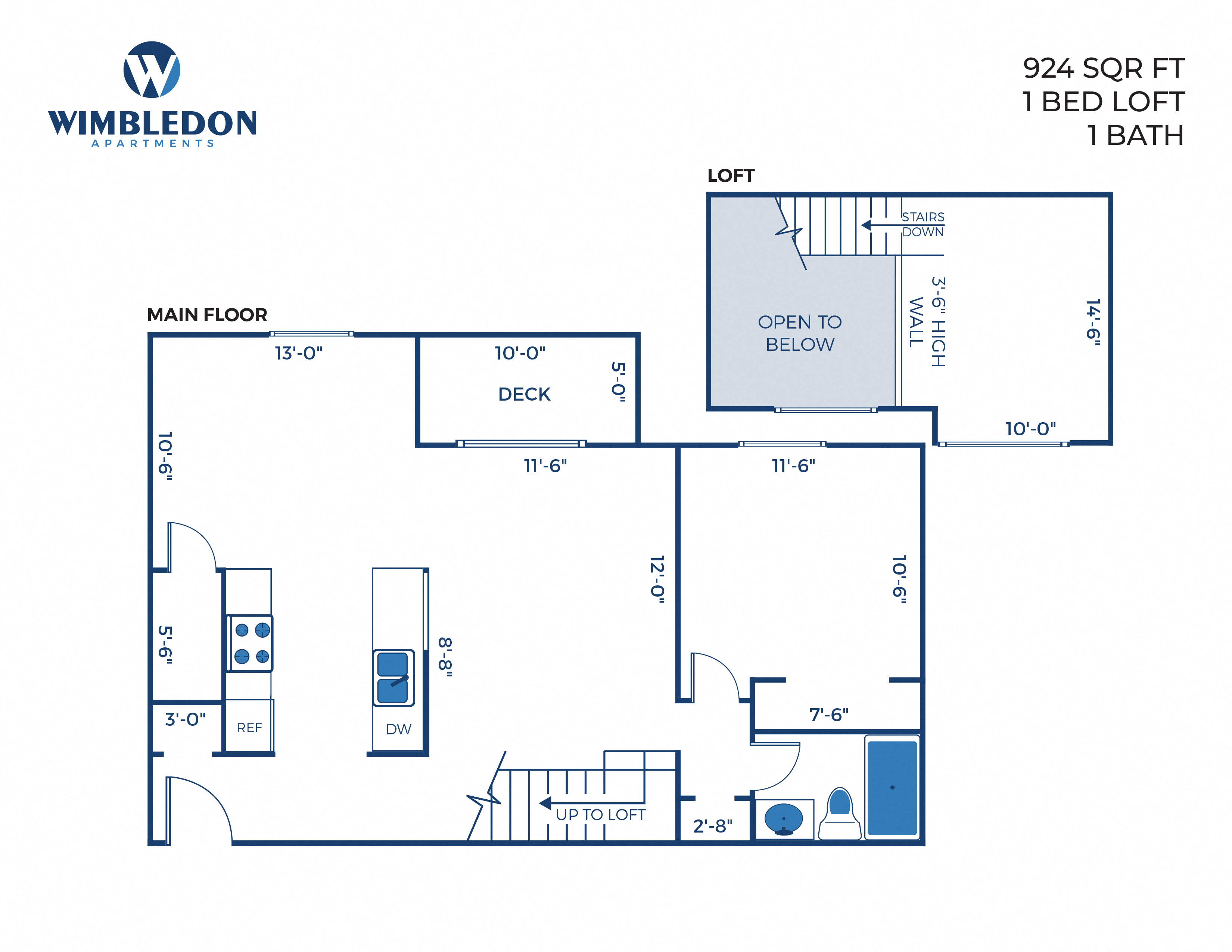 Floor plan for 1 bed, 1 bath, 924 sqft